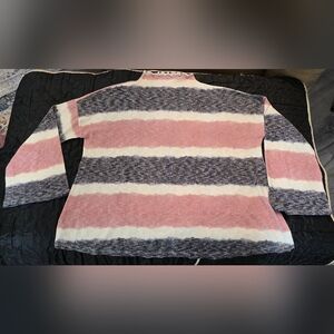 Fantastic Fawn Striped Pink and Denim Blue Light Sweater With A Scalloped Neck